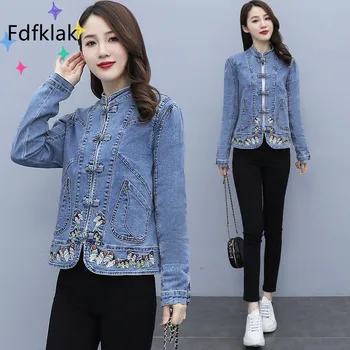 Женская осенняя джинсовая куртка Fdfklak в национальном стиле, Корейские тонкие блузки в стиле ретро с вышивкой, Повседневное пальто с воротником-стойкой, топ на пуговицах