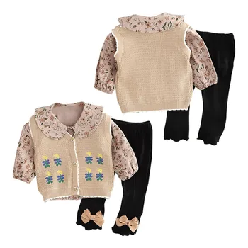Шерстяной жилет + топ с лацканами и цветочным принтом с длинным рукавом + Милые брюки с бантом, модный комплект для девочек, одежда для маленьких девочек
