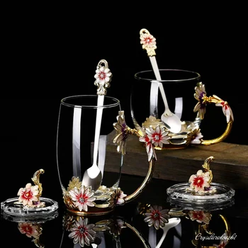 Стеклянная чашка с эмалированным цветком ручной работы, Кофейная кружка, кружка для ароматизированного чая, чашка для молока и лимонного сока, стеклянная кружка для влюбленных, подарок для пары, прямая поставка