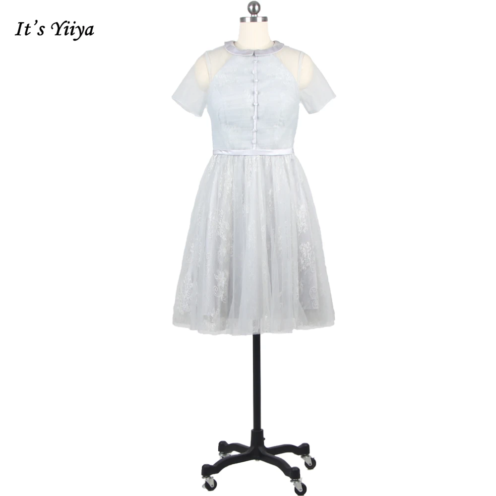 Серое Вечернее платье It's YiiYa С Высоким воротом, Короткими рукавами, Складками, Трапециевидной формы, длиной до колена, Большие размеры, Женские Вечерние платья LX403 0