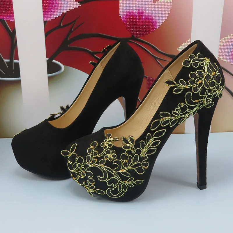 Черные кружевные туфли для свадебной вечеринки, женская модная обувь для вечеринок на тонком каблуке, высокие туфли-лодочки с круглым носком и на высокой платформе. 0