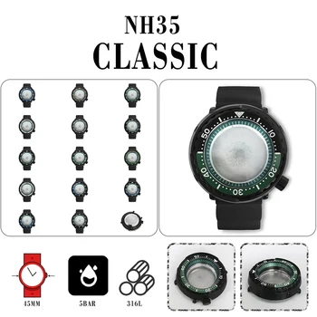PVD Черный 45-миллиметровый корпус для часов Can Case + Зеленое внутреннее кольцо + Черная резинка Могут быть оснащены калибрами NH35 И NH36
