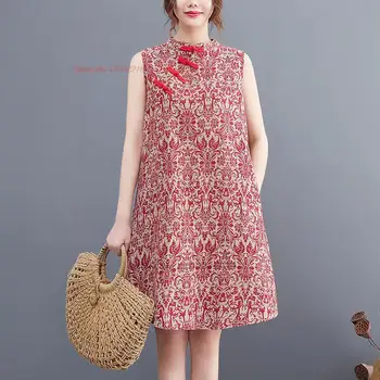 2023 традиционное китайское винтажное платье для женщин, улучшенное платье ципао в стиле ретро с цветочным принтом, этническое платье без рукавов с цветочным принтом