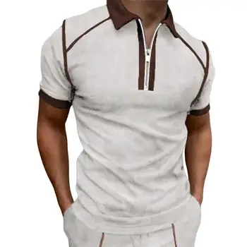 Эластичная мужская футболка с отворотом и коротким рукавом, цвет пэчворк, вырез на молнии, облегающая футболка, топы, деловая уличная одежда