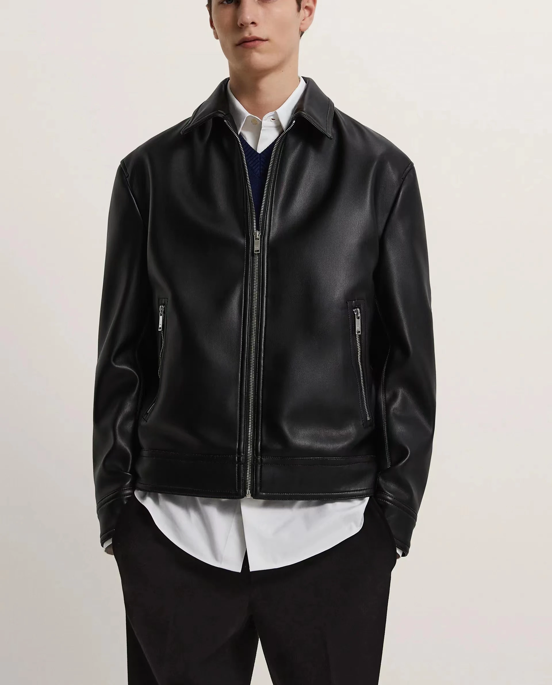 Демисезонная кожаная куртка, мужская куртка-стойка, Тонкая куртка из искусственной кожи, Модное мотоциклетное повседневное пальто, мужское байкерское кожаное пальто 2