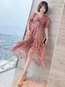 Высококачественное платье с V-образным вырезом и высокой талией неправильной формы, двухслойное платье с принтом листьев лотоса, новое для лета