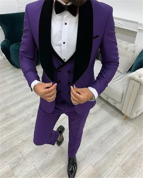 2023 Повседневный Фиолетовый деловой мужской костюм, 3 предмета, мужское платье на заказ, свадебный костюм Жениха, Смокинг, черный бархатный блейзер с лацканами, жилет, брюки