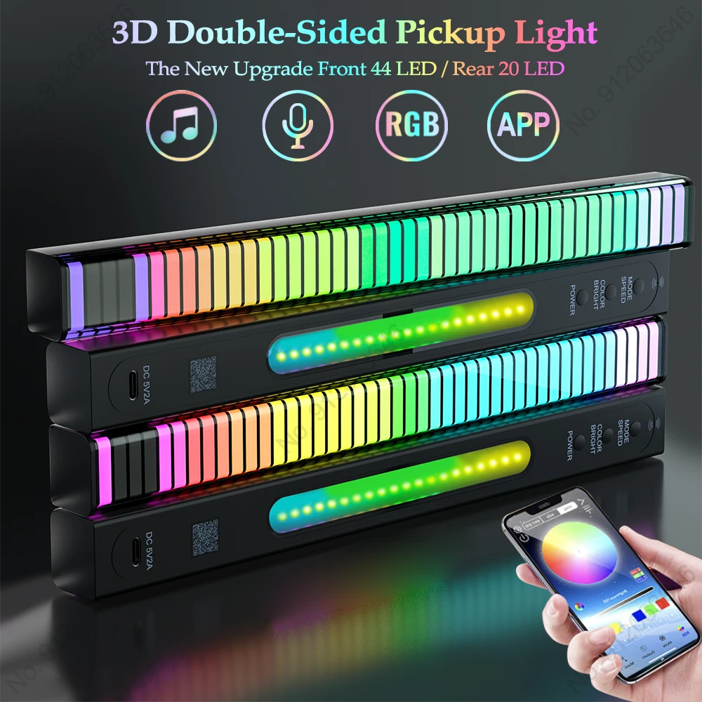 Интеллектуальные RGB-подсветки для управления звуком, 3D двухсторонний звукосниматель, светодиодные фонари, Ритмическая окружающая лампа, управление приложением для автомобильных игр, настольные лампы. 0