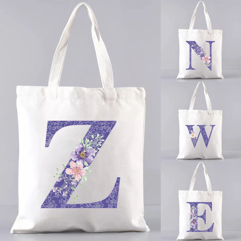 Повседневные покупки, женская модная элегантная холщовая сумка, сумка в стиле харадзюку, сумка через плечо с фиолетовым цветочным буквенным принтом, сумка-тоут 0