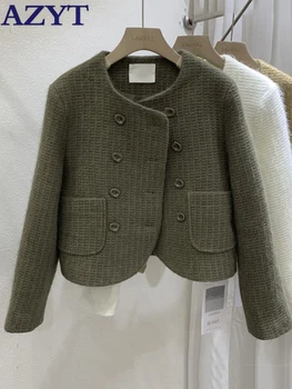 AZYT Двубортный повседневный жакет, женское короткое пальто с небольшим ароматом, женские куртки, весенне-осеннее базовое пальто с круглым вырезом, 2023 г.