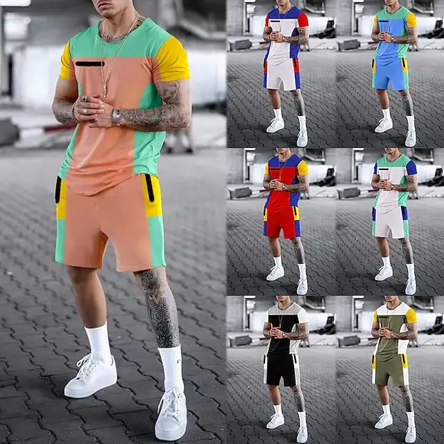 Комплект мужской одежды Шорты и футболки с 3D принтом Цветной блок Круглый вырез Короткий рукав 2 шт. 0