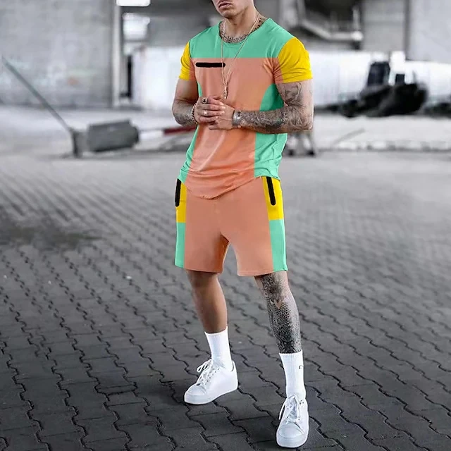 Комплект мужской одежды Шорты и футболки с 3D принтом Цветной блок Круглый вырез Короткий рукав 2 шт. 1