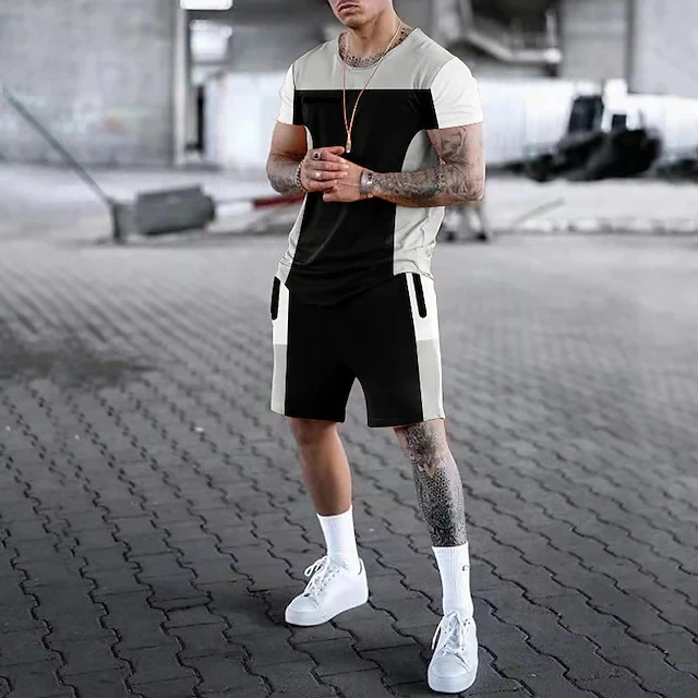 Комплект мужской одежды Шорты и футболки с 3D принтом Цветной блок Круглый вырез Короткий рукав 2 шт. 2