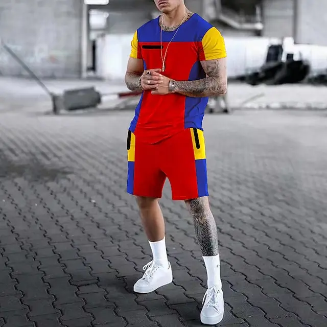 Комплект мужской одежды Шорты и футболки с 3D принтом Цветной блок Круглый вырез Короткий рукав 2 шт. 3