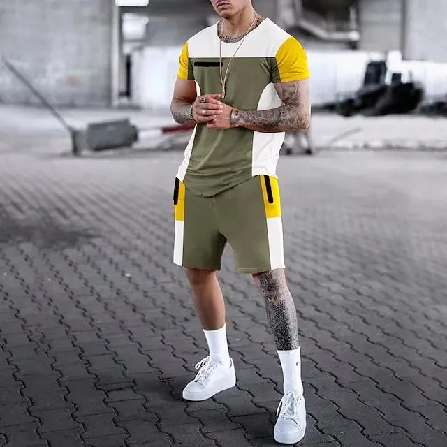 Комплект мужской одежды Шорты и футболки с 3D принтом Цветной блок Круглый вырез Короткий рукав 2 шт. 4