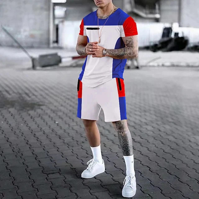 Комплект мужской одежды Шорты и футболки с 3D принтом Цветной блок Круглый вырез Короткий рукав 2 шт. 5