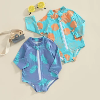 Citgeett Летний детский купальник для девочек, боди с принтом листьев, купальный костюм на молнии с длинным рукавом, купальная одежда