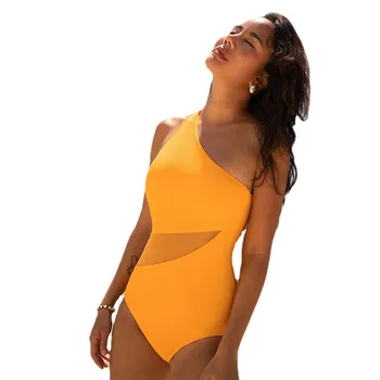 Женский цельный костюм в европейском стиле, купальники, однотонный желтый женский купальник, купальный костюм, женский