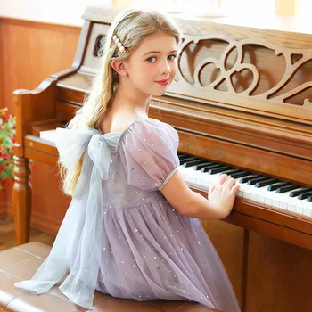 Платья на день рождения для девочек 8-10 лет, фиолетовое платье принцессы с блестками и бантом, детское праздничное платье