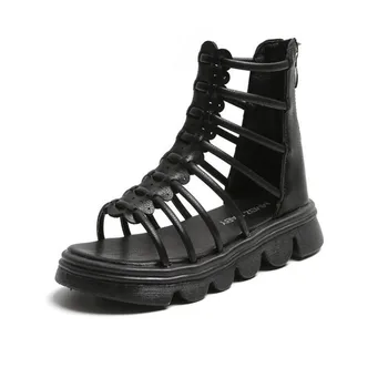 Модные женские римские туфли с тонким кружевом, полые дышащие детские полусапожки, Летние Новые черные женские босоножки с высоким берцем