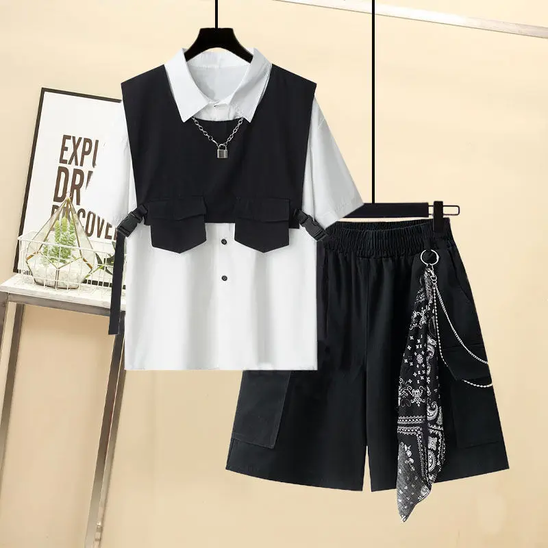 Корейская версия одежды для Женщин2023, Летнее Новое поступление, свободный жилет, рубашка с короткими рукавами, Рабочие шорты, Комплект из трех предметов, Тренд 0