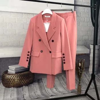 Розовый блейзер, женский комплект из двух предметов, весна 2023, новое поступление, Корейский элегантный повседневный костюм OL, брюки длиной до щиколоток