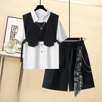 Корейская версия одежды для Женщин2023, Летнее Новое поступление, свободный жилет, рубашка с короткими рукавами, Рабочие шорты, Комплект из трех предметов, Тренд