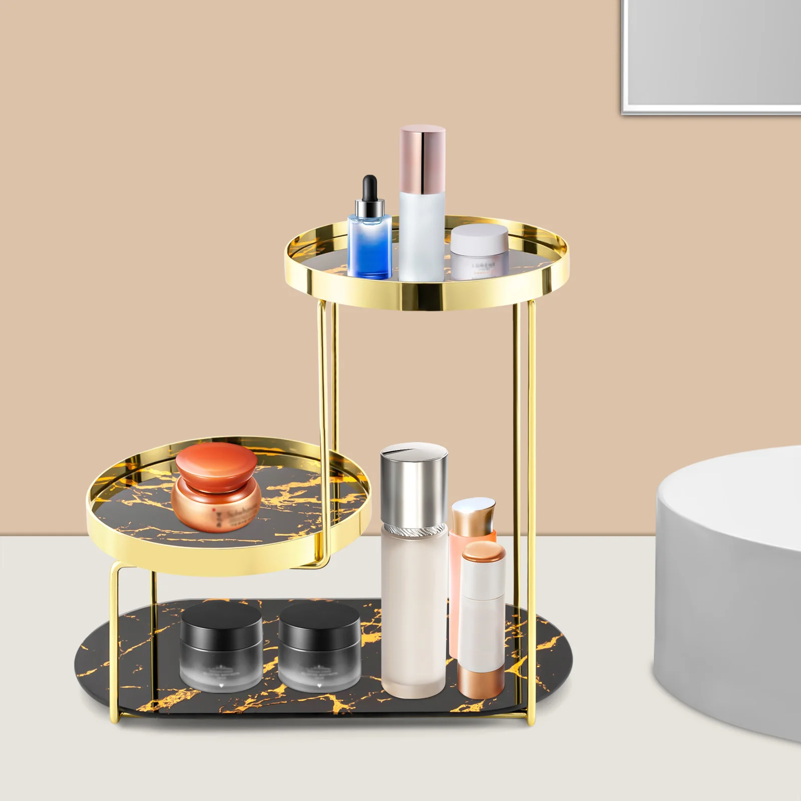 Столешница-органайзер для ванной комнаты из черного золота, органайзер для макияжа, 3-уровневый туалетный столик для хранения косметики 0