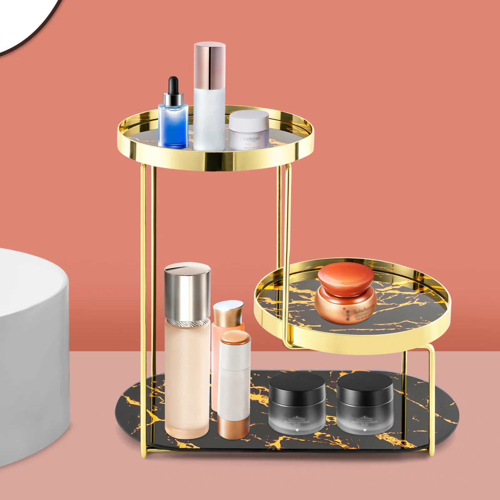 Столешница-органайзер для ванной комнаты из черного золота, органайзер для макияжа, 3-уровневый туалетный столик для хранения косметики 1