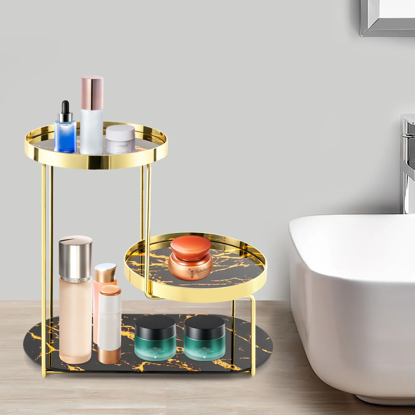 Столешница-органайзер для ванной комнаты из черного золота, органайзер для макияжа, 3-уровневый туалетный столик для хранения косметики 2