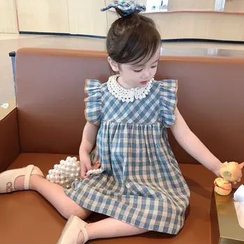 Летнее модное детское платье без рукавов в корейскую клетку, одежда для маленьких девочек