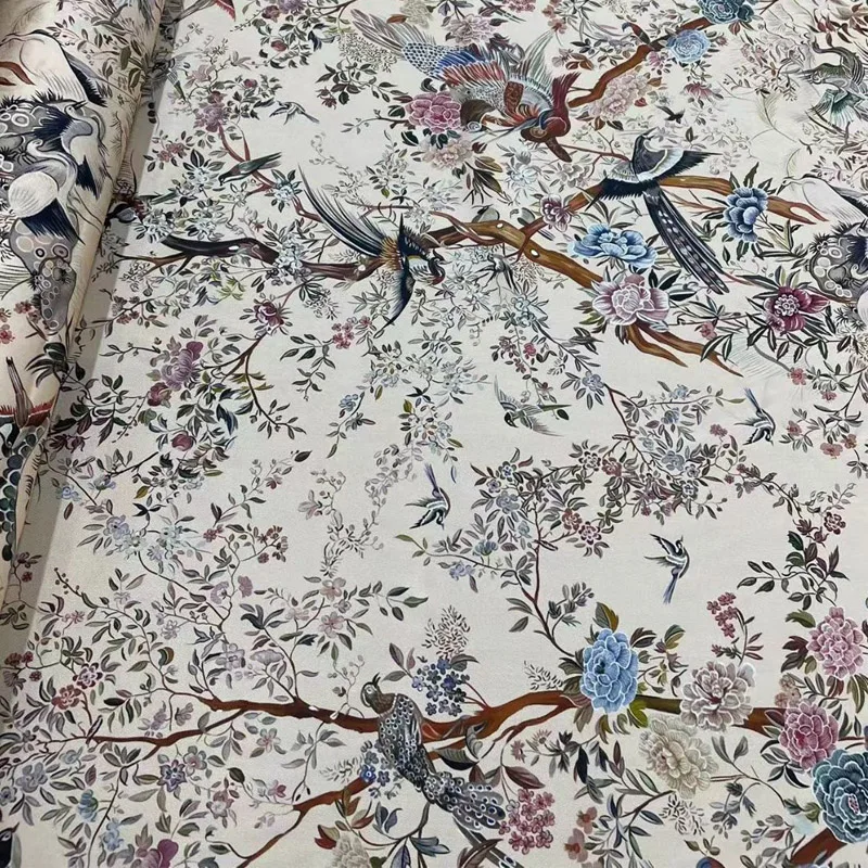 Европа и Америка Натуральная шелковая ткань с принтом цветов и птиц для женского летнего платья Блузки ручной работы из ткани для шитья своими руками 0