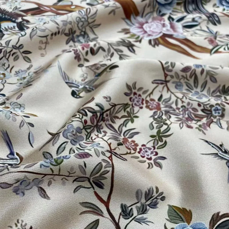 Европа и Америка Натуральная шелковая ткань с принтом цветов и птиц для женского летнего платья Блузки ручной работы из ткани для шитья своими руками 1