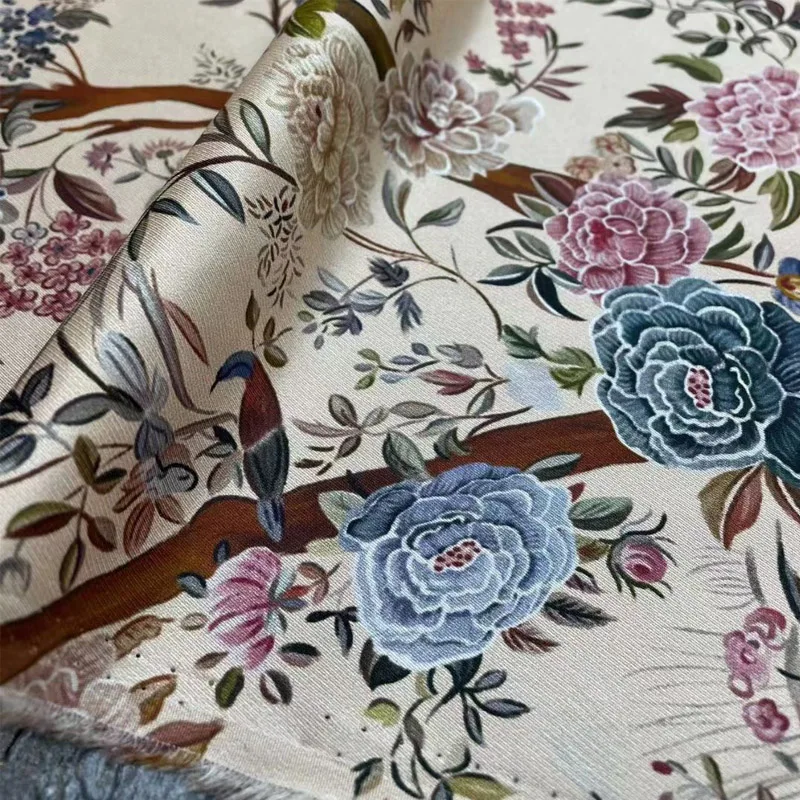 Европа и Америка Натуральная шелковая ткань с принтом цветов и птиц для женского летнего платья Блузки ручной работы из ткани для шитья своими руками 2