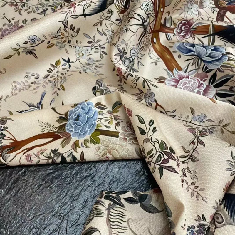 Европа и Америка Натуральная шелковая ткань с принтом цветов и птиц для женского летнего платья Блузки ручной работы из ткани для шитья своими руками 3