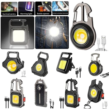 Мини-COB светодиодный фонарик, молоток для разбивания окон, Гаечный ключ, Открывалка для бутылок, брелок, Многофункциональный рабочий светильник, наружная аварийная лампа.