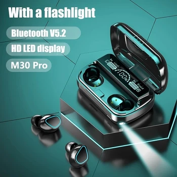 Наушники M30 Tws Bluetooth, стереонаушники 5.2 9D с фонариком, беспроводные наушники, Водонепроницаемая музыкальная гарнитура с шумоподавлением.