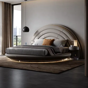 Итальянская легкая роскошная кожаная кровать на заказ, круглая кровать deluxe villa, двуспальная современная мягкая сумка в главной спальне