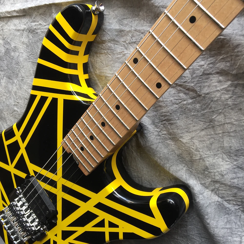 OEM-электрогитара, Черно-Желтая Гитара EV Striped Серии H, Кленовый гриф, Вибрато-бридж Floyd Rose 4