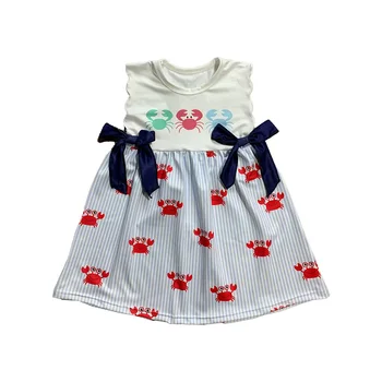 Милое платье без рукавов с рисунком краба для маленьких девочек Летний бутик одежды для мальчиков и девочек Модная детская одежда Оптом