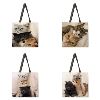 Женская повседневная сумка-тоут с игривым кошачьим принтом, женская сумка через плечо, Складная хозяйственная сумка, пляжная сумка