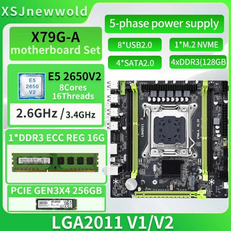 Комплект материнской платы JINGSHA X79G-A с процессором E5 2650V2 DDR3 1*16G = 16 ГБ Двухканальный 256 ГБ NVME SSD LGA2011 M.2 SATA 3.0 Kit 0
