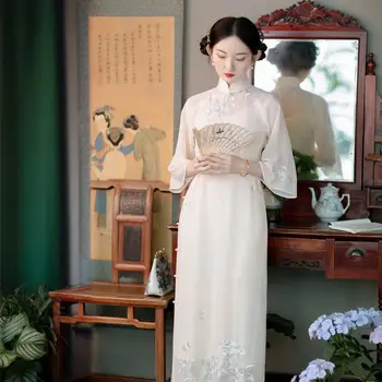 2023 весна-лето Китайская Республика улучшенная вышивка элегантное платье ципао женское изящное вечернее кружевное платье чонсам