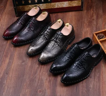 Мужские деловые модельные туфли с крокодиловым узором и острыми носками, мужские повседневные модельные туфли на плоской подошве в молодежном английском стиле на шнуровке