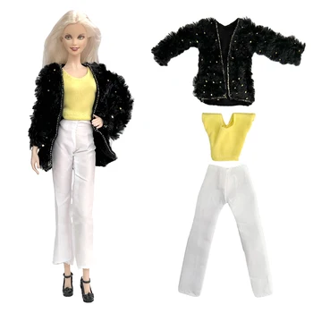 NK 1 Комплект Одежды Для Куклы Барби Модное Черное Плюшевое Пальто + Желтые Топы + Белые Брюки Для 11,8-Дюймовой Куклы BJD Игрушка В Подарок Малышу