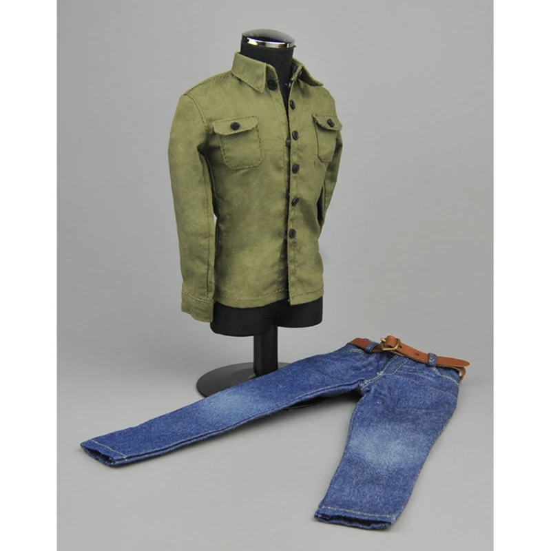 Модель солдата 1/6, модный мужской армейский зеленый топ + джинсы, комплект одежды из ткани 12 дюймов, одежда для подвижных кукол 0