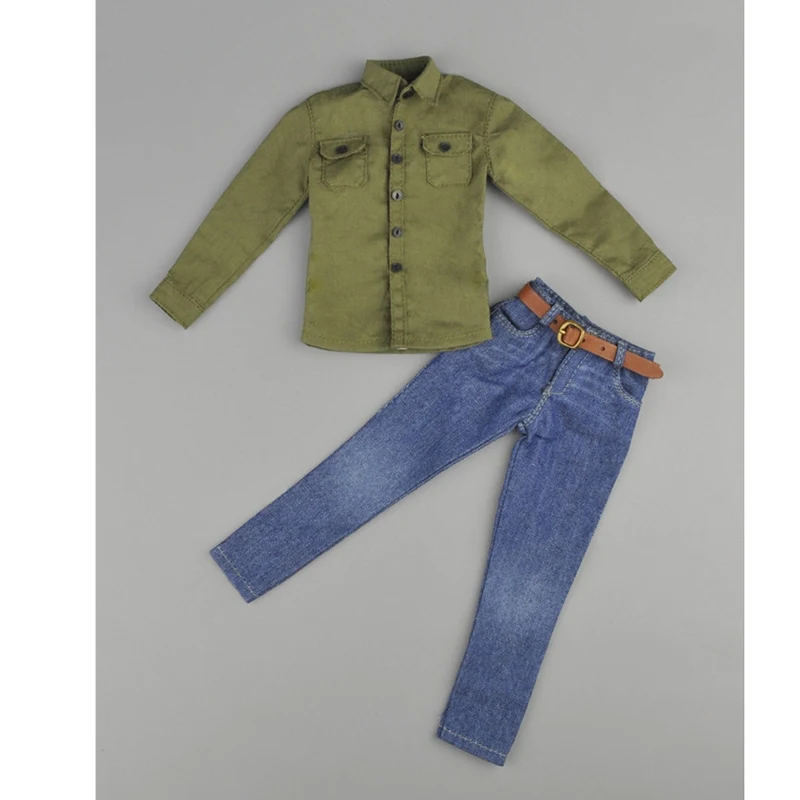 Модель солдата 1/6, модный мужской армейский зеленый топ + джинсы, комплект одежды из ткани 12 дюймов, одежда для подвижных кукол 1