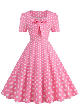 Женское летнее платье в ретро-розовый горошек с бантом 2023 Vestido 50-60-х годов, Винтажные вечерние платья с квадратным воротником и коротким рукавом, женские платья