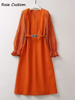 Красное Платье RoosaRosee С V-образным вырезом и Блестками, Кружевное, С Длинным Расклешенным Рукавом, Оранжевое, Черное, Офисное Женское Платье 2023, Осеннее Женское Vestidos Robe Femme