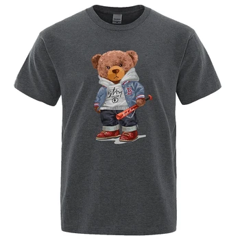 Уличный бейсбол, футболка для мальчика с плюшевым мишкой, мужская свободная футболка оверсайз, Свободный дышащий летний топ, модная повседневная хлопковая футболка